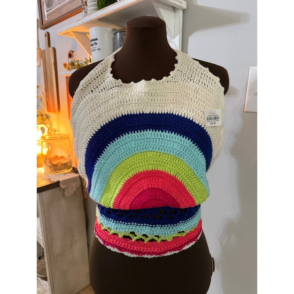 Arizona Jean Co Crochet Halter Top XL Size Rainbow Multicolor NWT Festival Boho